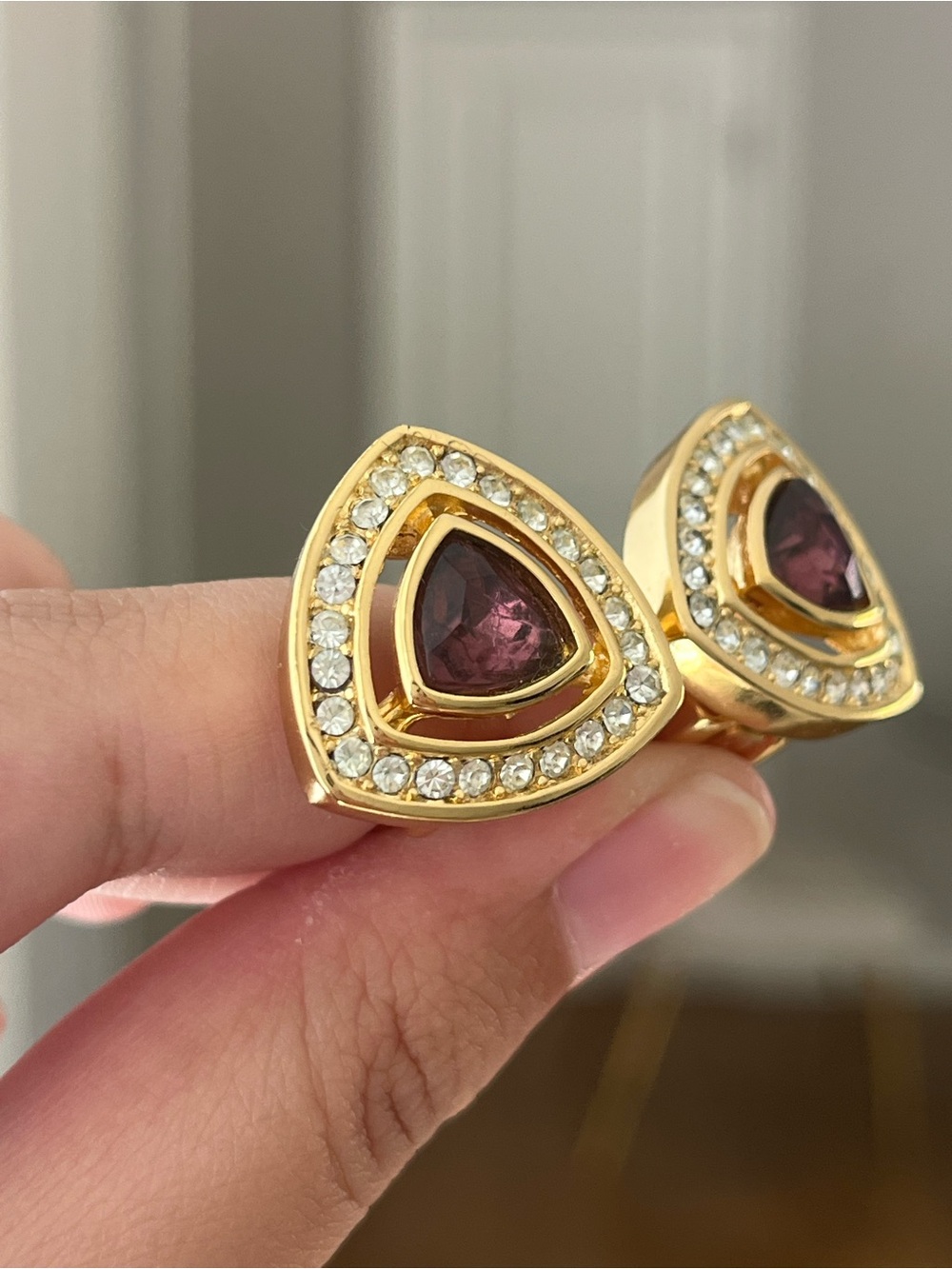Authentic Vintage Dior Purple Brown Rhinestone Triangular Gold Clip-On Earrings - Picture 3 of 8